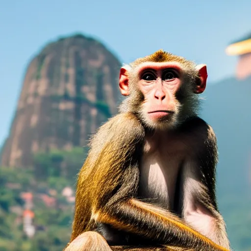 Image similar to high quality portrait of a monkey in front of Christ The Redeemer, studio photograph, photograph, realistic photo, 8k photo, 4k photo, stock photo, high resolution, cinematic shot, high detail