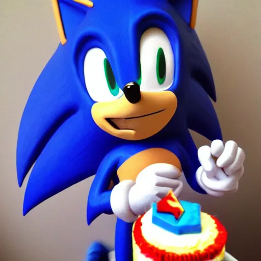 Image similar to pixel art sonic the hedgehog, smiling, holding a birthday cake, saying happy birthday!