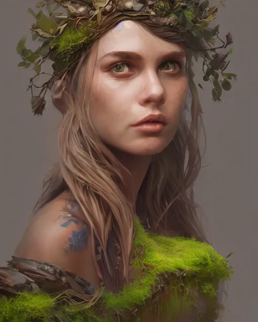 Prompt: Portrait Druid warrior, wood branch moss plants, artgerm, andrei riabovitchev, nuri iyem, james gurney, james jean, greg rutkowski, highly detailed, soft lighting 8k resolution