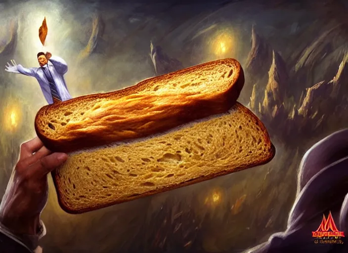 Image similar to a single giant magical piece of toast with a stern facial expression wearing a business suit and floating in the air, a crowd of breadloaves bowing down below, by marco bucci and frank frazetta, magic : the gathering fantasy concept art, high resolution, fantasy coloring, intricate, digital painting, artstation, smooth, sharp focus