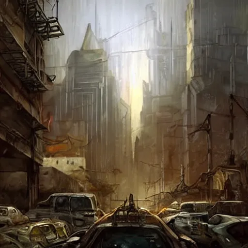 Image similar to post apocalyptic painting of city 1 7 from half - life 2. the citadel is shown towering over the city. highly detailed. painting by esao andrews