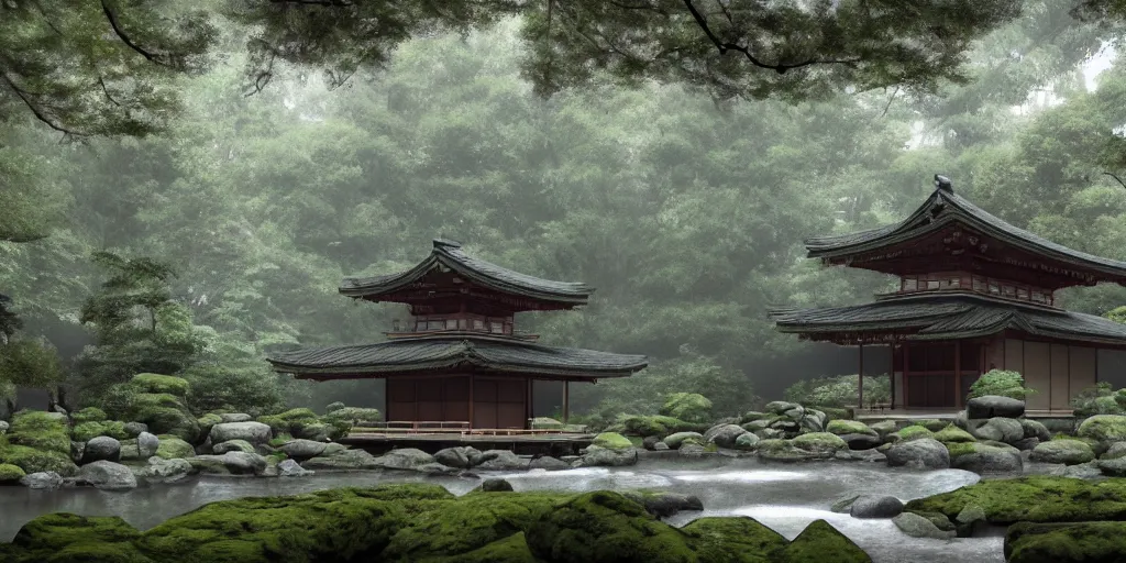 Image similar to a ancient japanese temple in the middle of a forest mear a small river, extremely highly detailed, high quality, 8K HDR, octane render, unreal engine 5, hyperrealistic, concept art, trending on Artstation, dramatic lighting, cinematic, high coherence, path tracing, ruins, clouds in the sky, singular building, centered