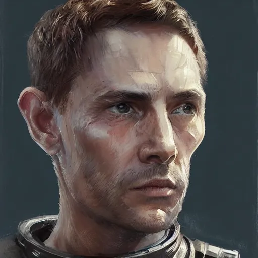 Image similar to portrait of a man by greg rutkowski, a jedi commander, british features, short copper hair, straight jaw, wise appearance, wearing the tactical gear of the galactic alliance, star wars expanded universe, he is about 4 0 years old, highly detailed portrait, digital painting, artstation, concept art, smooth, sharp foccus ilustration, artstation hq