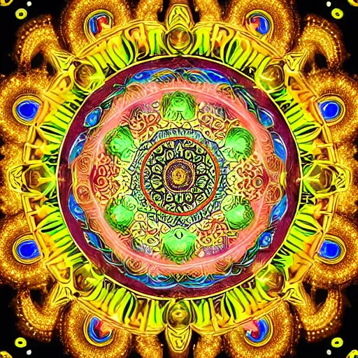 Image similar to rainbowcore, golden Gemini sign glowing, surrounded by lotus, with the sun shining with the moon, with detailed mandala filled with fractals, bioluminescence, glowing runes, de-noise, symmetrical composition, high detailed, super clear, ornate border, 32k