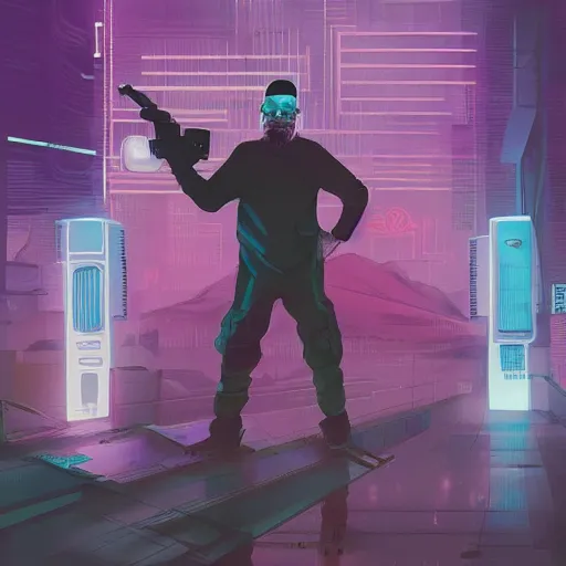 Prompt: high quality illustration, walter white pointing a gun, portrait, cyberpunk colors, neotrad, lois van baarle, moebius, league of legend, arcane style