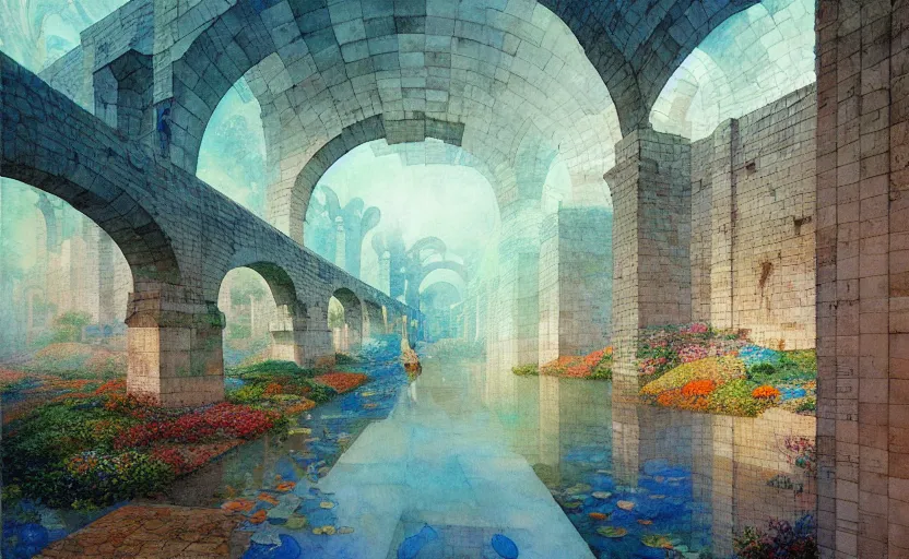 Image similar to tiled room squared waterway, aqueducts, fantasy. intricate, amazing composition, colorful watercolor, by ruan jia, by maxfield parrish, by marc simonetti, by hikari shimoda, by robert hubert, by zhang kechun, illustration, gloomy