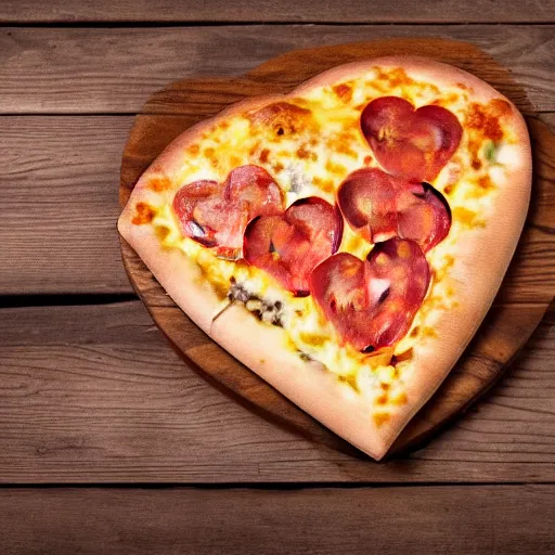 Image similar to heart shaped pizza with alot of cheese, on a wooden plate