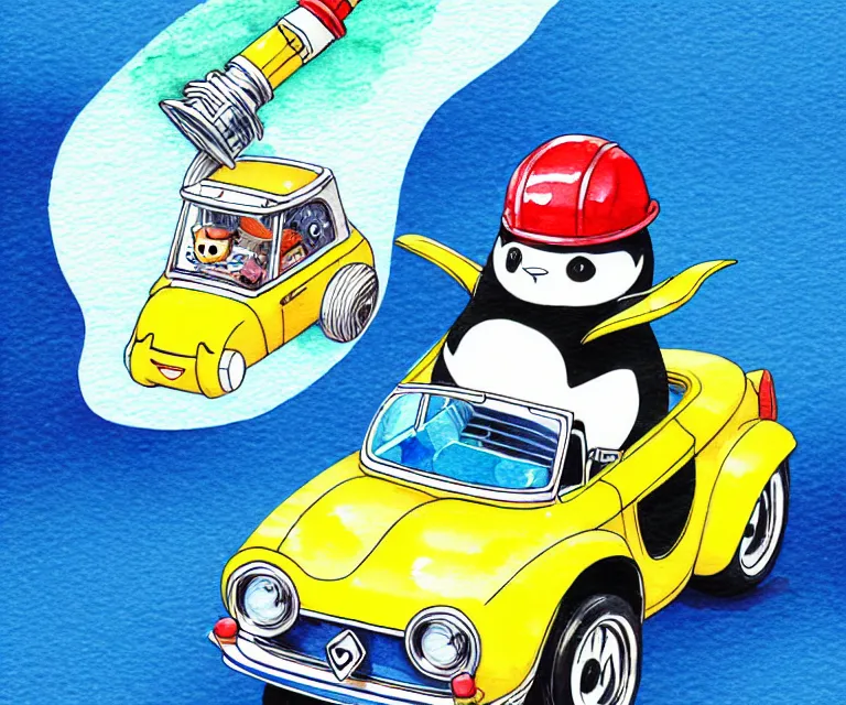 Image similar to cute and funny, penguin wearing a helmet riding in a tiny hot rod with an oversized engine, ratfink style by ed roth, centered award winning watercolor pen illustration, isometric illustration by chihiro iwasaki, edited by range murata, tiny details by artgerm and watercolor girl, symmetrically isometrically centered, sharply focused