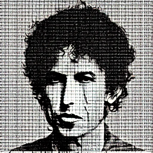 Prompt: a portrait of bob dylan photoshop halftone highlights | chromatic risograph print