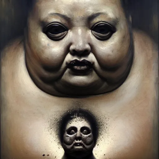 Image similar to portrait of the face of big fat old sumoringer as despair from sandman, venus of willendorf, by jeremy mann, by gregory crewdson, by bastien lecouffe deharme, by russ mills, sad face, topknot, black hair, mourning, black eyes, white room, soft lightning, high detailed, 8 k