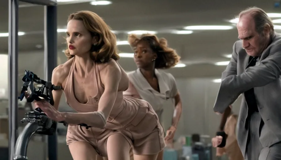 Image similar to Film Noir, Inherent Vice, Collateral, Olivia Pope, Olympics footage, female Sprinter athletes on track at high speed with mechanical limbs, intense moment, cinematic stillframe, dramatic lighting, The fifth element, vintage robotics, formula 1 garage, starring Geena Davis by Michael Mann