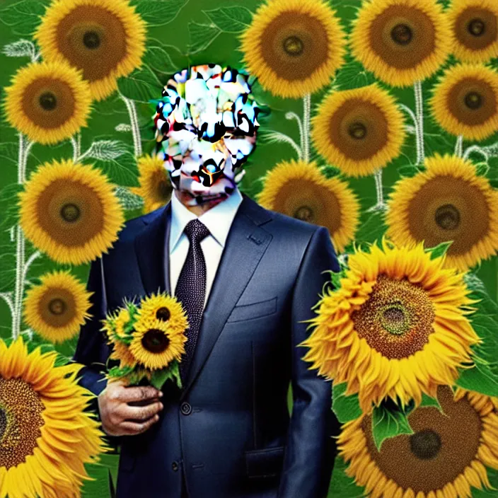 Image similar to photo portrait of Vladimir Putin - sunflowers - dressed in leisure suit with ornamental ethereal sunflower pattern, natural skin tone, highly detailed realistic flowers ornament in the upper side of breast, hair, eyebrows and wrinkles are intricate with highly detailed realistic flowers, elegant, Realistic, Refined, Highly Detailed, natural soft pastel lighting colors scheme, fine art photography by Cecil Beaton, volumetric lighting, hyper realistic photography