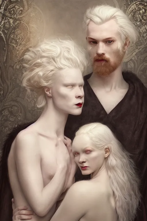 Image similar to a portrait of handsome young male albino Satan and his elegant beautiful albino wife, bored, illustration, dramatic lighting, soft details, painting oil on canvas, art nouveau, octane render, HDR, 4k, 8k, HD, by Edmund Blair Leighton, Brom, Charlie Bowater, trending on artstation, faces by Tom Bagshaw, Sargent