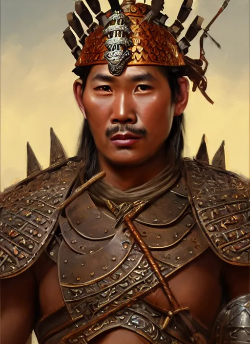 Image similar to smart tai warlord of lanna, closeup portrait, without beard and mustache, historical hero, ethnic group, tai costume, thai transitional bronze headdress, intricate, with leather armor cross on bare chest, elegant, loin cloth, highly detailed, oil painting, artstation, concept art, matte, sharp focus, illustration, hearthstone, art by earl norem