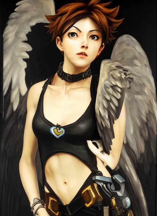 Image similar to oil painting of tracer overwatch in the style of sophie anderson, on knees, angel wings, black outfit, dramatic painting, wearing black choker,