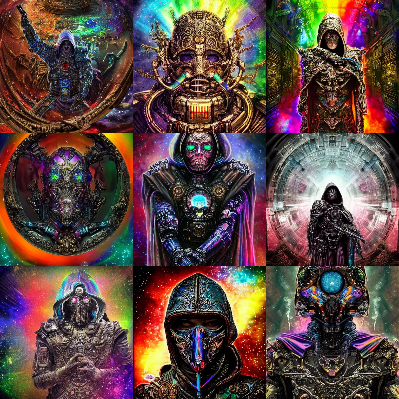 Prompt: Dark gritty realistic highly detailed intricate artistic award winning render featuring the iridescent ornate cloaked hooded warrior partially cybernetic entity god of future technology brandishing cosmic smoking weaponry, intricate, ornate, gothic, rainbow of colors, polychromic, smooth oil painting, vivid realistic colors, epic megastructure space scene background, super intricate, galactic, moody colors, realistic, real colors, moody, ominous, dangerous aura, microchips, crystallic, iridescent, lasers, gems, multicolored glints, precious elements, beautiful, detailed, concept art, render, unreal engine, 4K, artstation