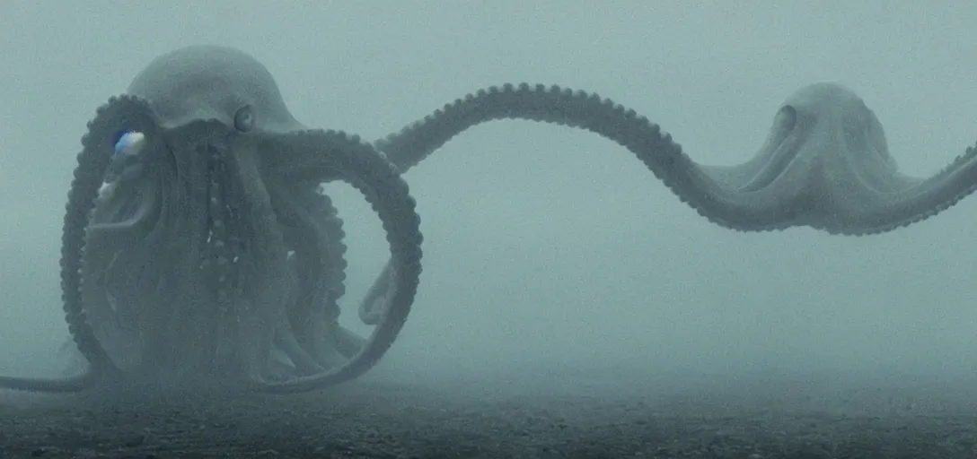 Prompt: an octopus in the shape of a skull, foggy, cinematic shot, photo still from movie by denis villeneuve, wayne barlowe