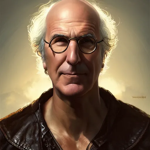 Image similar to portrait of larry david, soft hair, muscular, half body, leather, hairy, d & d, fantasy, intricate, elegant, highly detailed, digital painting, artstation, concept art, smooth, sharp focus, illustration, art by artgerm and greg rutkowski and alphonse mucha