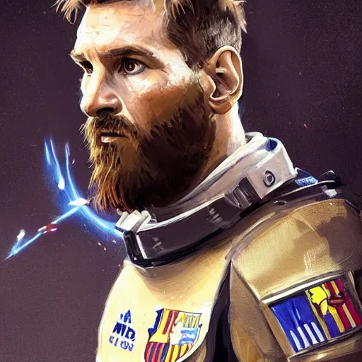 Prompt: portrait of lionel messi by greg rutkowski, space marine commander, messy blond hair, beard, tall and muscular, star wars expanded universe, he is about 3 0 years old, wearing a flying jacket, distrustful and arrogant, highly detailed portrait, digital painting, artstation, concept art, smooth, sharp foccus ilustration, artstation hq