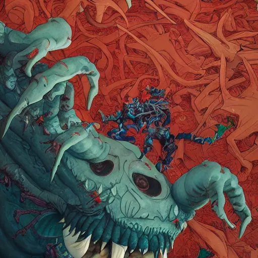 Image similar to monster of monsters. illustration by james jean and satoshi kon and erik jones, inspired by evangelion, smooth feature, intricate oil painting, high detail illustration, sharp high detail