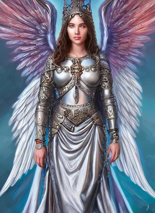 Prompt: a highly detailed character portrait of a beautiful female archangel radiating a majestic holy aura, ornate silver breastplate, intricate, digital painting, artstation, concept art, smooth, sharp focus, illustration, deep vibrant colors, hyperrealistic, photorealistic