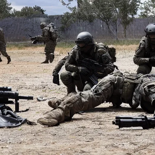 Prompt: Wounded Special Forces in grey uniform with black body armor under artillery fire in 2022, photo by Adam Ferguson, Pulitzer Winning, cinematic composition, breathtaking, modern, 2022