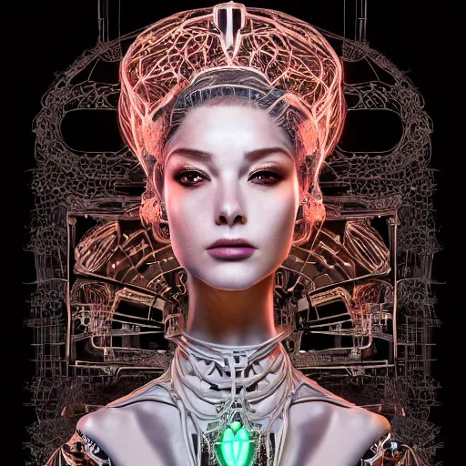 Image similar to the portrait of an absurdly graceful, sophisticated, fashionable ottomanpunk robotess idol, an ultrafine hyperdetailed illustration by kim jisu, intricate linework, neon wiring, porcelain skin, unreal engine 5 highly rendered, global illumination, radiant light, detailed and intricate environment, by rutkowski, artgerm, marvel comics