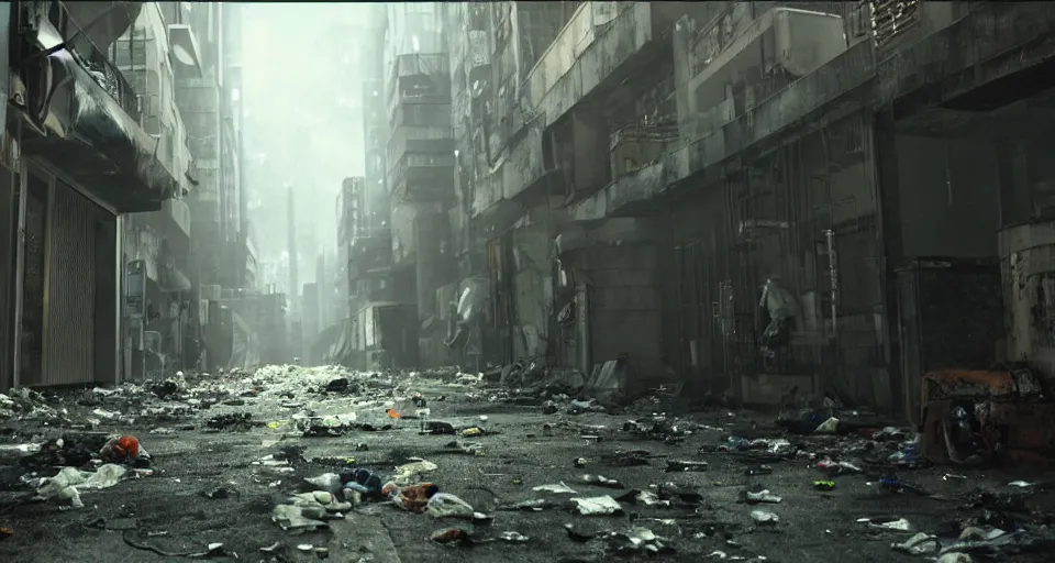 Image similar to a cinematic still frame of an alleyway in a futuristic dystopian city, littered with garbage, cold lighting, brutalist architecture, damp, cityscape, vanishing point perspective