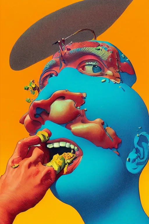 Prompt: a colorful vibrant closeup portrait of a metal head licking a tab of lsd acid on his tongue and dreaming psychedelic hallucinations, by kawase hasui, moebius, edward hopper and james gilleard, zdzislaw beksinski, steven outram colorful flat surreal design, hd, 8 k, artstation