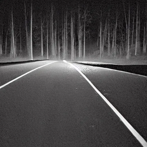 Prompt: an dark highway in the middle of the night, there is only 1 dim pole light. Behind the light, there is a dark tall slender shadowy figure