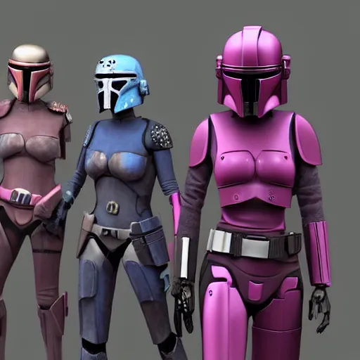 Image similar to bo katan, koska reeves, and a very fancy female mandalorian in a pink suit and bedazzled helmet. digital art. photo realistic. 4 k. intricate. detailed. by krenz cush art simon gets her.