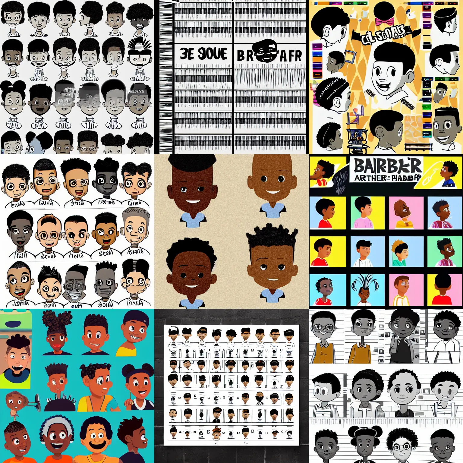 Prompt: a children’s illustration of an urban 👨🏿‍🦱👨🏿 barbershop haircut chart, black and white color scheme, fade chart, fade types, in the style of Disney Pixar’s Soul