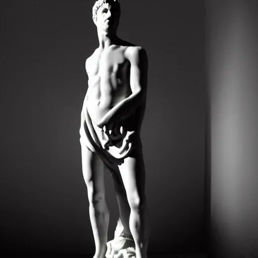 Image similar to ryan gosling as roman statue, dramatic light, reflective, clear, museum exposition