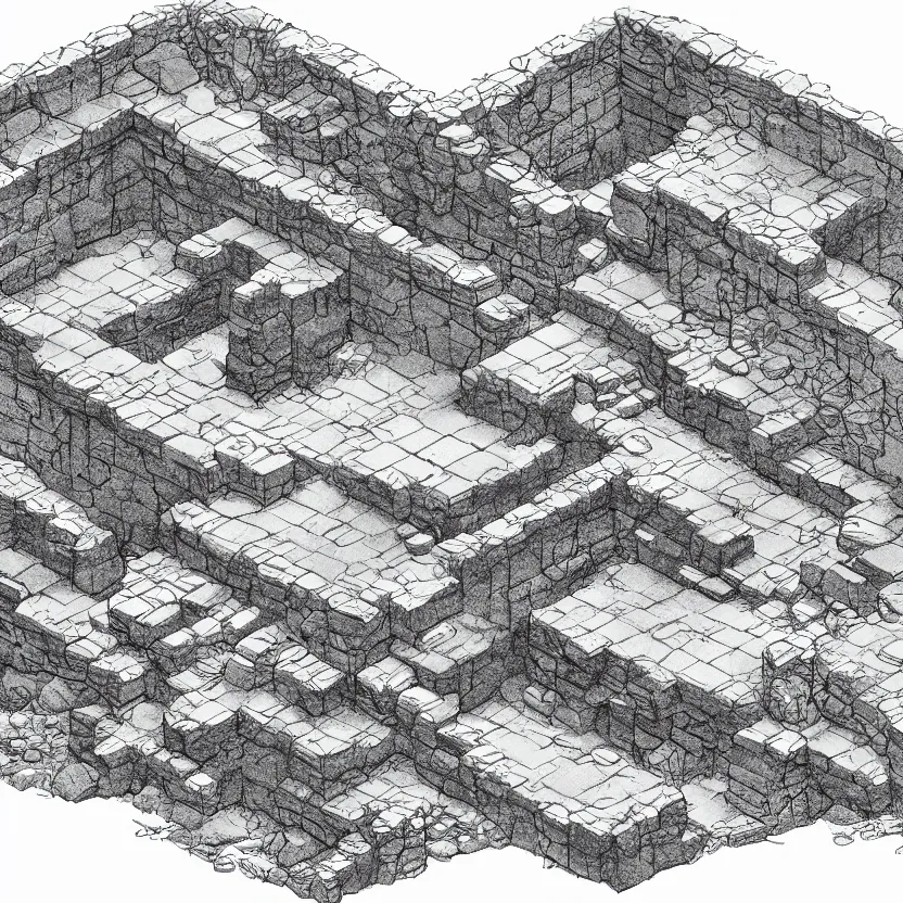 Prompt: isometric view of the outside of a cave, lineart