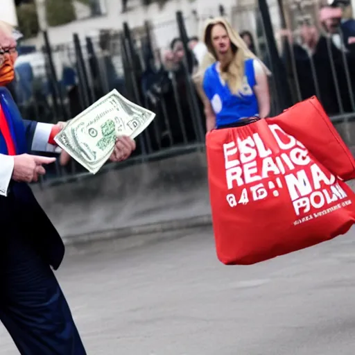 Image similar to donald trump holding bags of money, running from the police