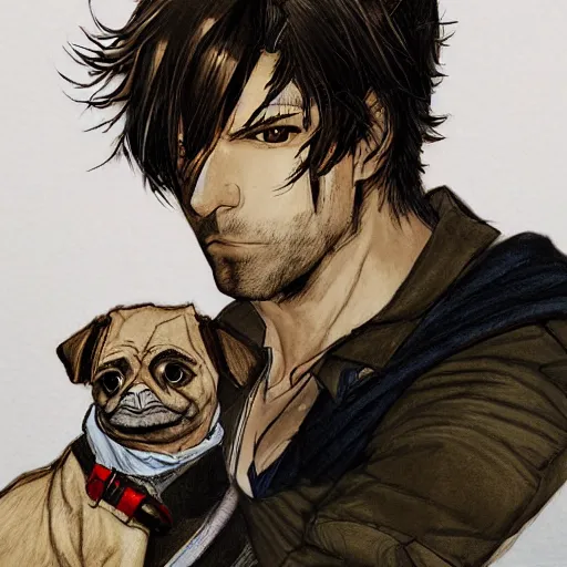 Image similar to self portrait, young white hispanic handsome man with short light brown hair and light skin and a 5 o clock shadow and holding a pug while fighting against 2 swordsmen pencil art, added detail, high definiton, colored, backfacing, illustrated by yoji shinkawa