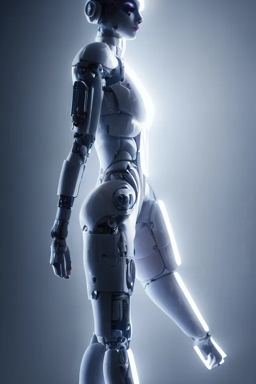 Image similar to cinematic shot of a cyborg woman with a porcelain body, perfect body, athletic, delft porcelain, led details, blade runner, ghost in the shell, futuristic, 8 k resolution, hyperdetailed, beautiful lighting, octane rendered, poser, photorealistic, exquisite details