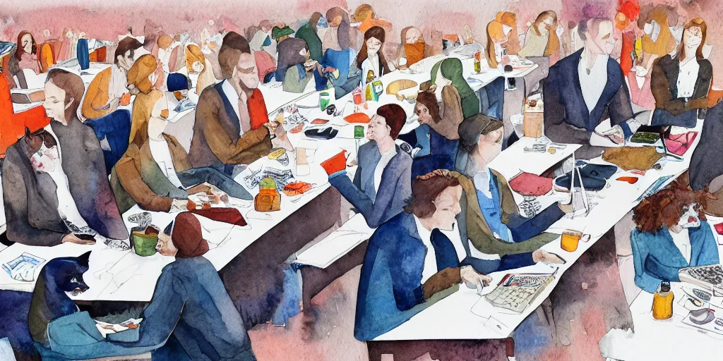 Image similar to watercolor illustration style, cats in jackets research meet in big table, business, inspiring art