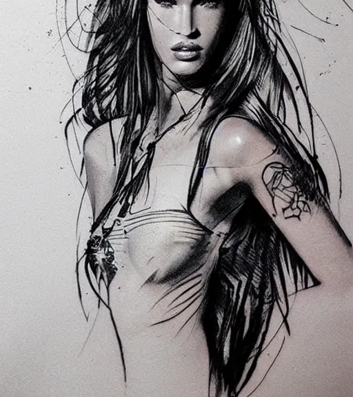 Image similar to double exposure effect tattoo design sketch of megan fox with beautiful mountain scenery, realism tattoo, in the style of matteo pasqualin, amazing detail, sharp