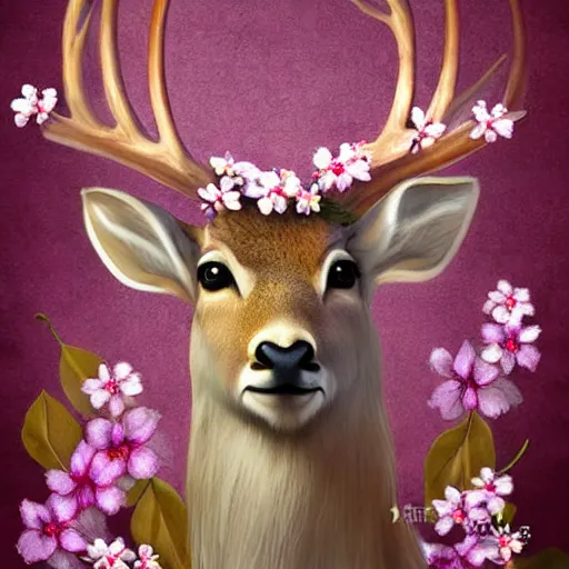 Prompt: professional digital art of a deer with cherry blossom antlers, fantasy, award-winning, 8K, HD, high quality, highly detailed