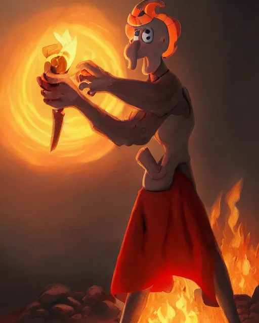 Image similar to squidward with four legs wearing fire nation clothing and practicing firebending outside at susnset, [ greg rutkowski ]