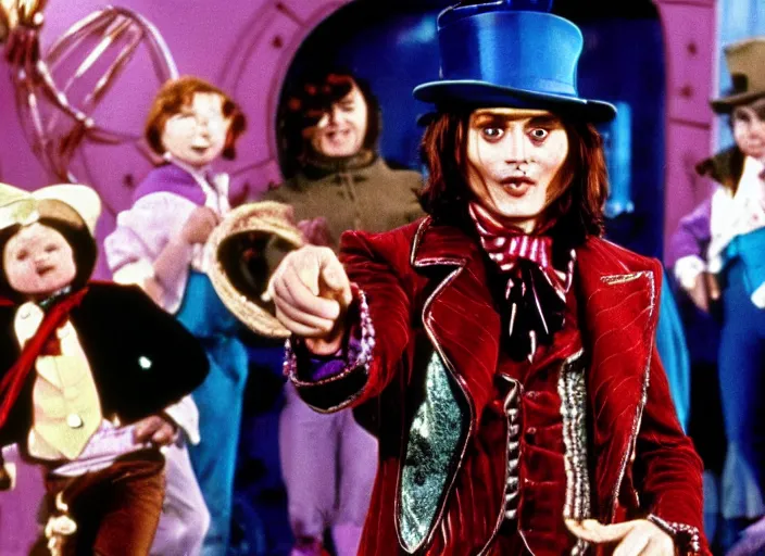 Image similar to film still of Johnny Depp as Willy Wonka in Willy Wonka and the Chocolate Factory 1971