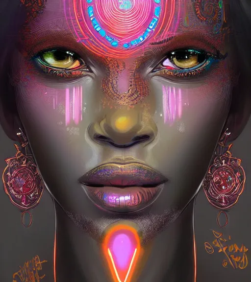 Image similar to beautiful intricate exquisite african princess realistic face, beautiful eyes, neon colors, drawing, in the style of greg rutkowski, fantasy, amazing detail, epic, intricate, elegant, smooth, sharp focus