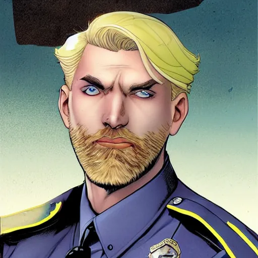 Image similar to portrait of a blonde pale police officer with short hair and a patchy beard, close up, grimy streets backdrop, detailed, art by russell dauterman and patrick gleason and stefano caselli and marco checchetto and esad ribic