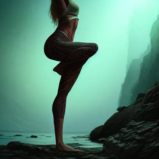 Prompt: detailed intricate digital illustration by greg rutkowski and artgerm and wlop and sanford robinson gifford ; yoga pose, bioluminescent, radiant veins glowing through skin ; 1 3 mm film, arri alfa anamorphic lens, sharp focus ; dark background, lit from behind, light going through skin, trending on artstation 8 k