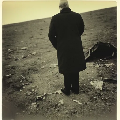 Image similar to Vladimir putin looking at an atomic bomb explosion. polaroid. bleak.