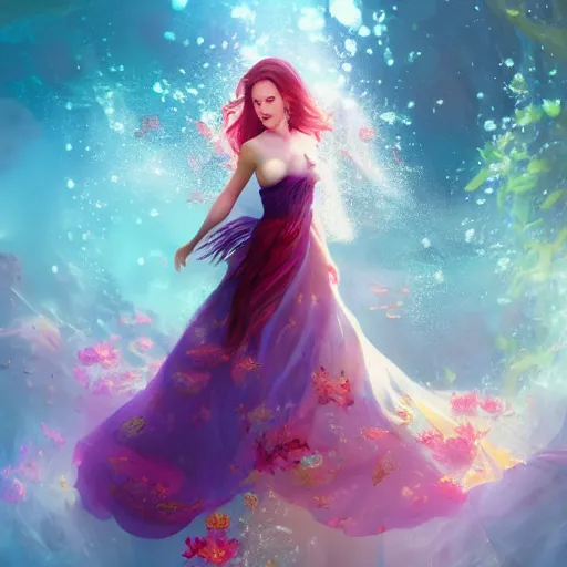 Image similar to Triss Merigold in a swirling sundress of flowers, underwater, floral explosion, radiant light, vortex of plum petals, by WLOP, Beeple and artgerm, artstation, deviantart