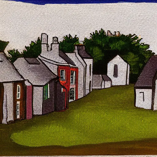 Prompt: painting of a small town in rural Ireland in the style of Aleksander Rostov