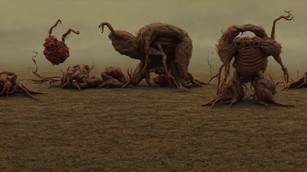 Image similar to the strange creature at the fast food place, made of oil they scare my family, film still from the movie directed by denis villeneuve and david cronenberg with art direction by salvador dali and zdzisław beksinski, extreme wide shot