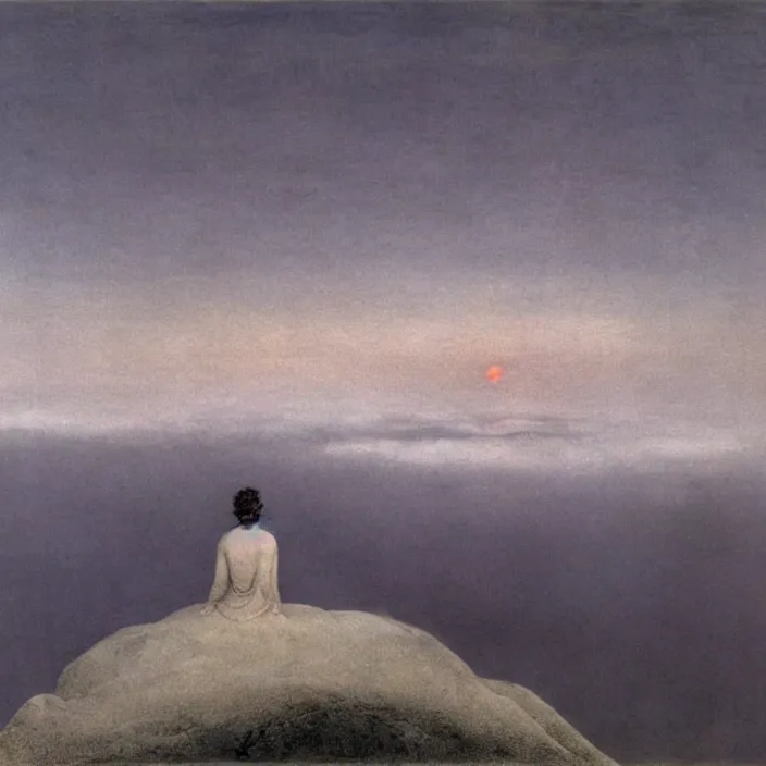 Image similar to shy mountain summit taking a peek through the clouds, fog, with curious eyes. floating spirit in transparent nightgown. painting by caspar david friedrich, yves tanguy, jean delville, rene magritte, max ernst, monet